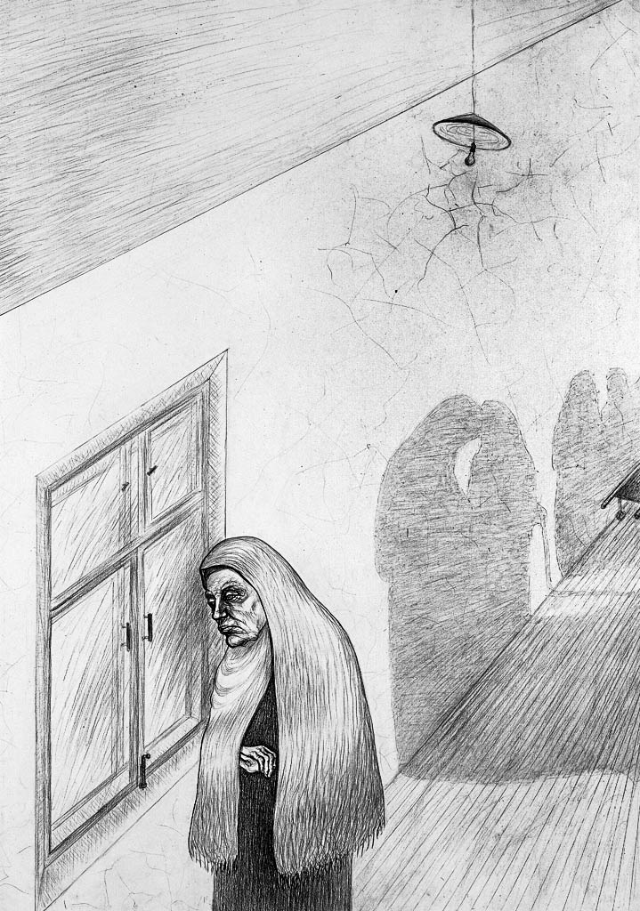 In the Home for the Aged (Black pencil)  900 x 650