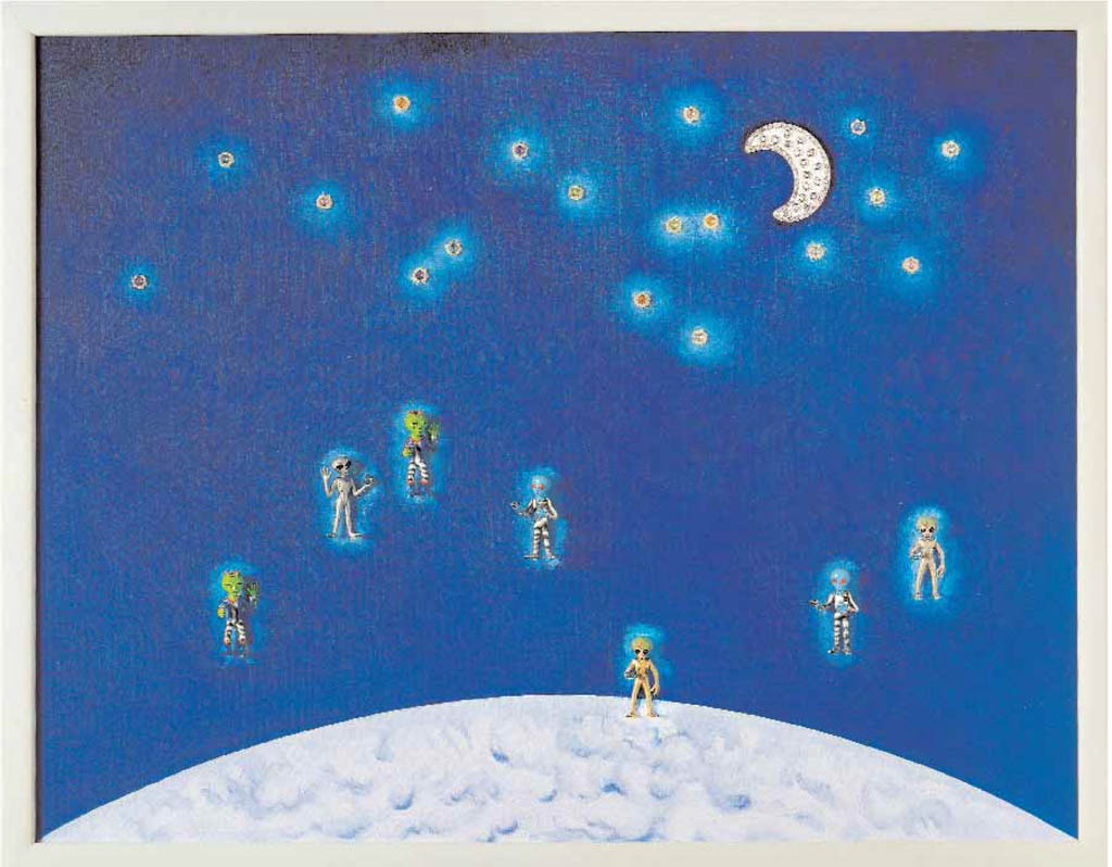 Space aliens (canvas, oil, collage)  70 x 90