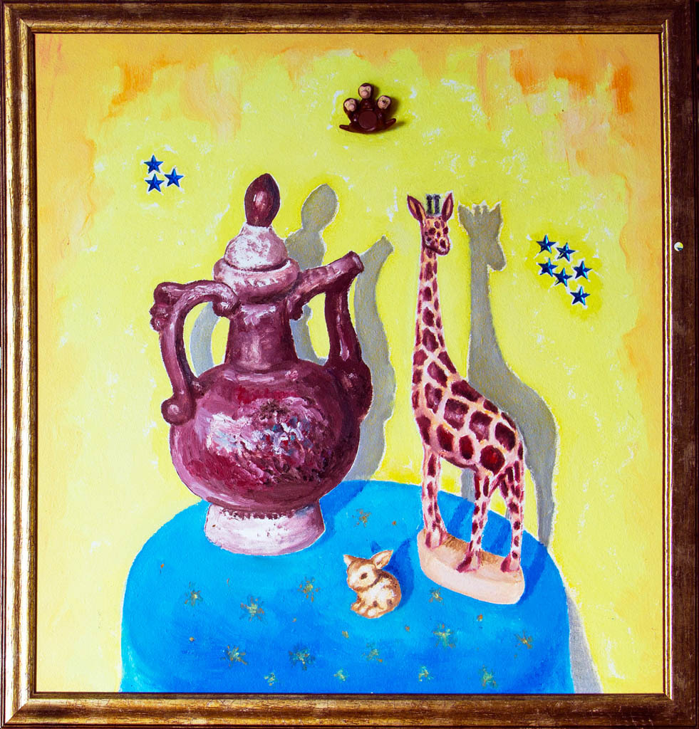 Still Life with a giraffe (chipboard, oil, collage) 530х530