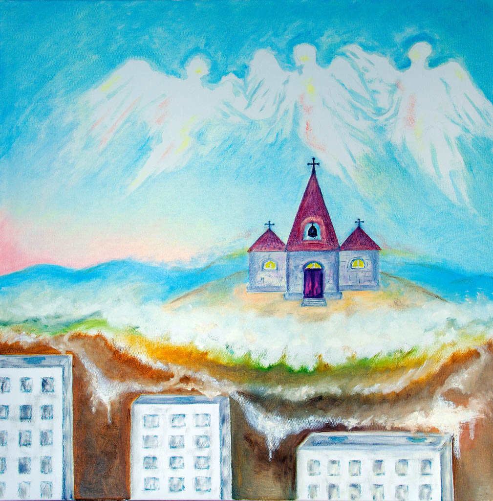 Old church in the mountains (canvas, oil) 500х500
