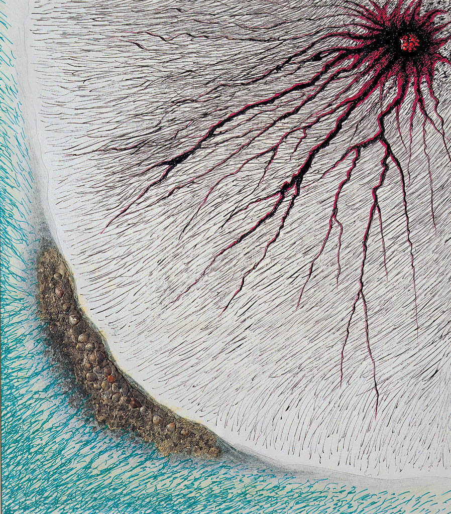 Le volcan se réveille (encre de Chine, incrustation, feutre)  700 x 600