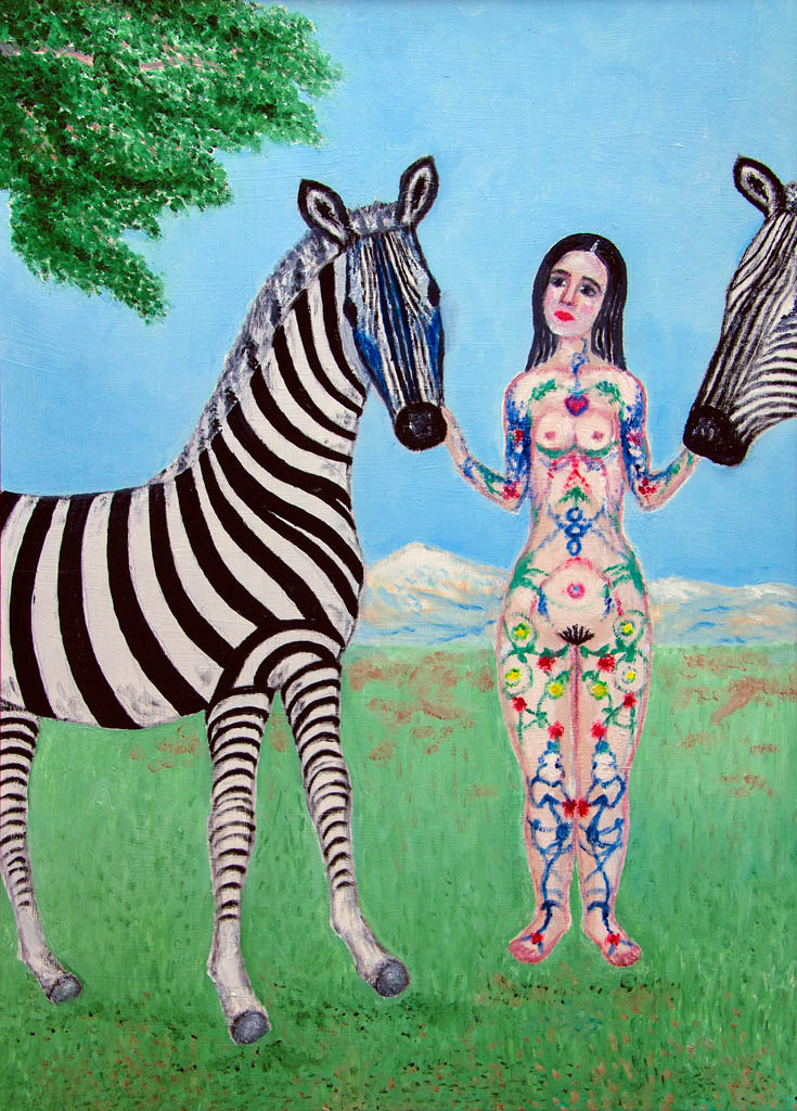 Die Frau mit den Tätowierungen und Zebras (Wickelpappe, Öl) 660х480