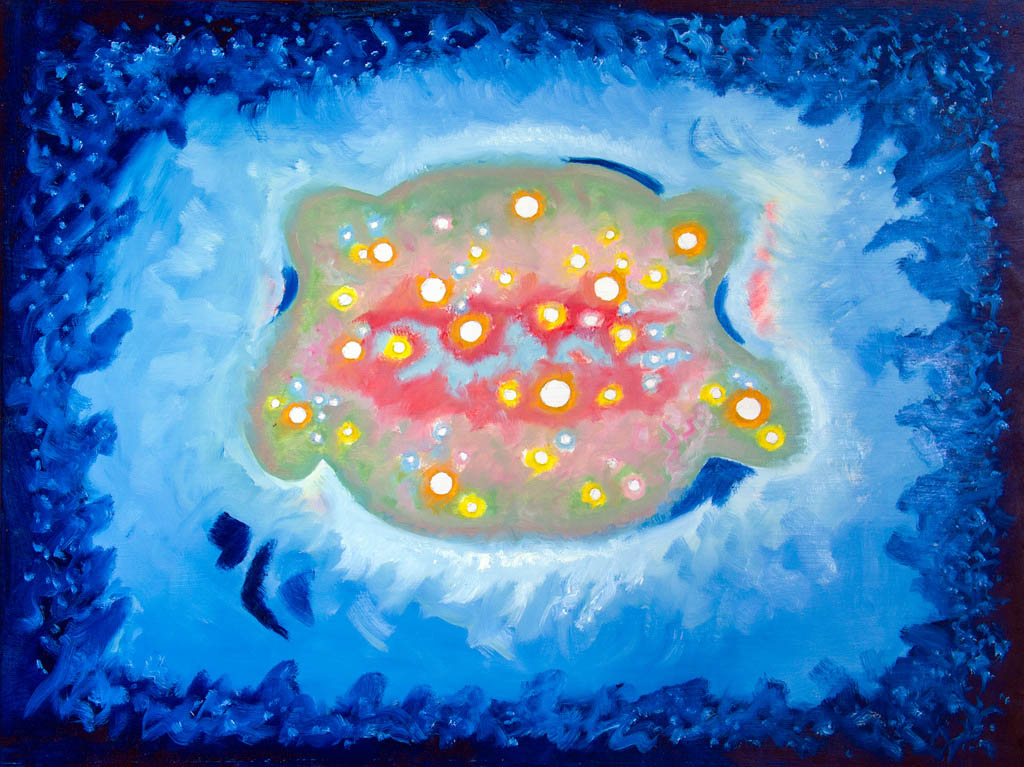 «Les mondes lointains» nº 1 Pour la sculpture En mémoire de tous les cosmonautes qui ne sont jamais revenus (huile sur panneau de fibres de bois)