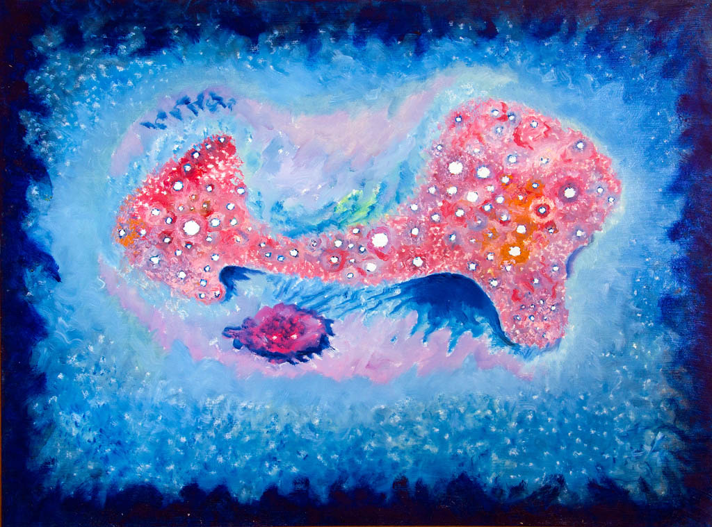 «Les mondes lointains» nº 3 Pour la sculpture En mémoire de tous les cosmonautes qui ne sont jamais revenus (huile sur panneau de fibres de bois)