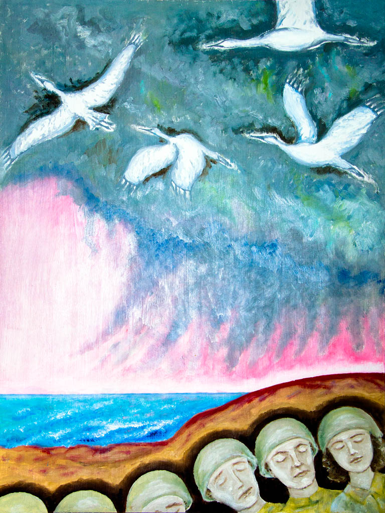 … et ils se sont transformés en grues blanches (huile sur panneau de fibres de bois) 500х700